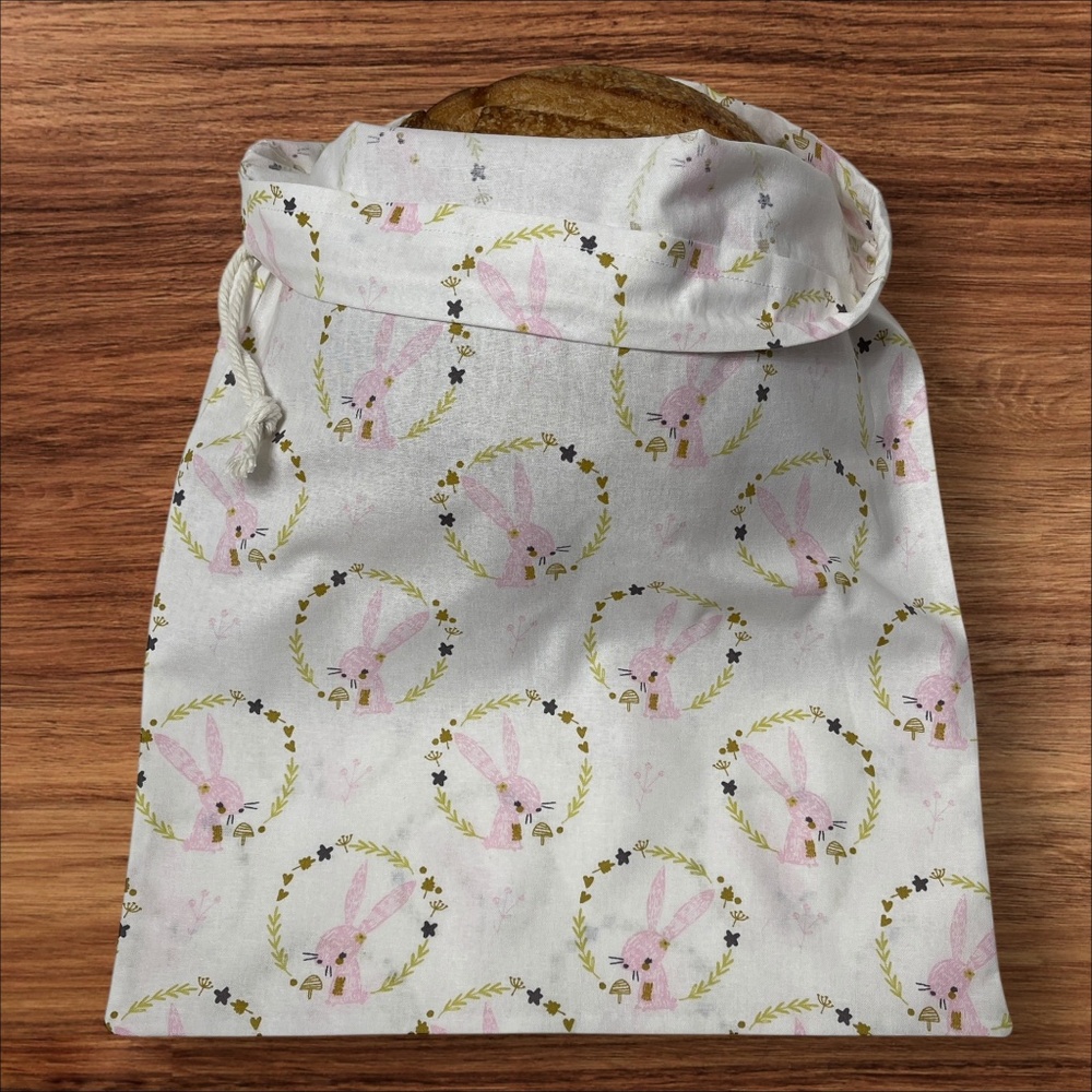 Pink Rabbit Farmhouse Reusable Linen Bread Bag, Rustic Style Cotton Bread Keeper